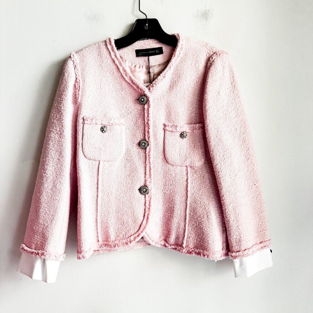 Zara Pink Tweed Textured Rhinestone Button Jacket M - Picture 2 of 7